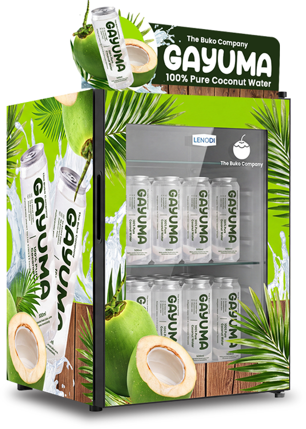 GAYUMA branded showcase chiller — angled view